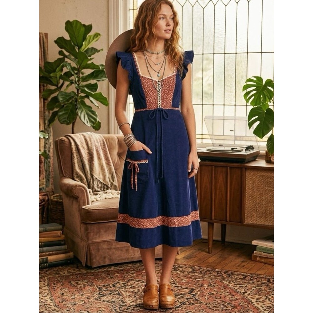 Vintage Navy Blue Corduroy Pinafore Cottagecore Prairiecore Midi Dress Small